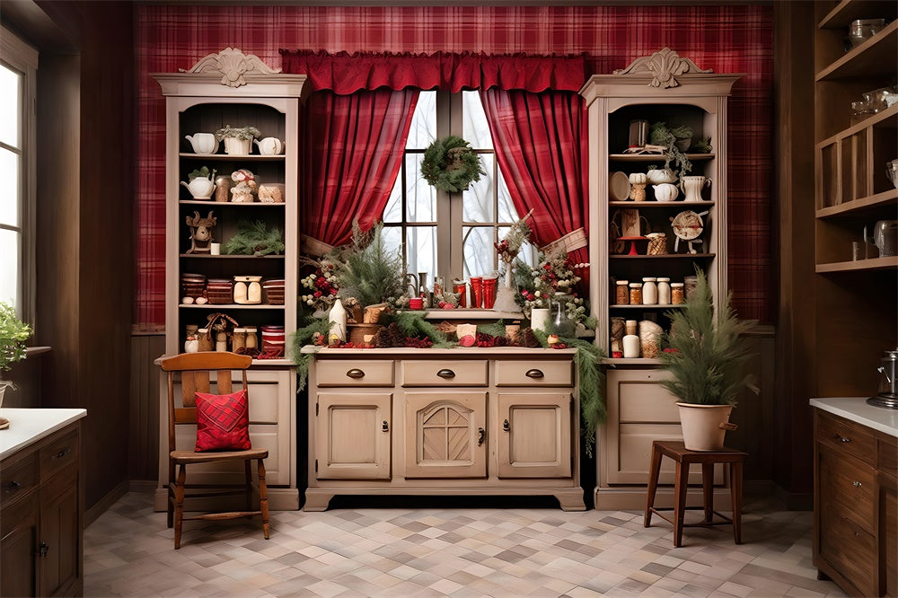 Toile de fond de Cuisine avec Fenêtre et Étagère de Noël RR7-809
