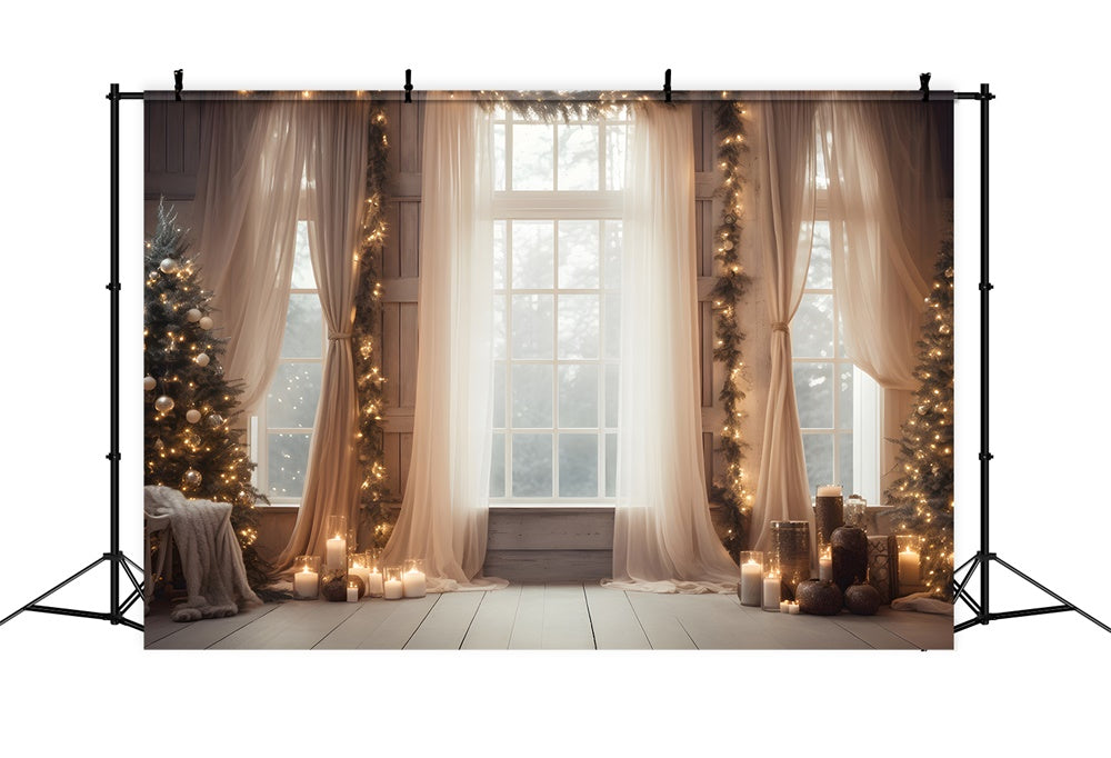 Toile de fond de Fenêtre avec Rideaux et Arbre de Noël RR7-812