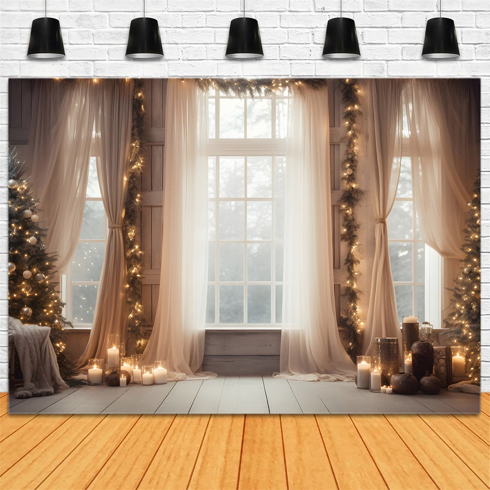 Toile de fond de Fenêtre avec Rideaux et Arbre de Noël RR7-812