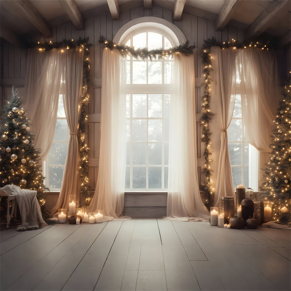 Toile de fond de Fenêtre avec Rideaux et Arbre de Noël RR7-812