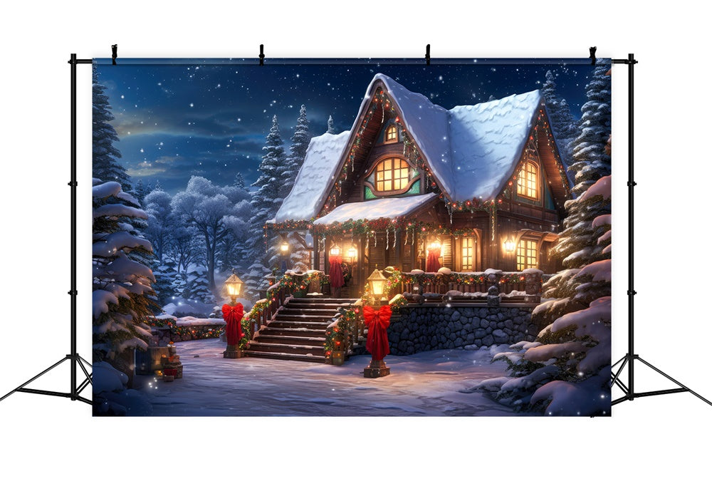 Toile de fond de Maison avec Lumières et Forêt Neigeuse de Noël RR7-813