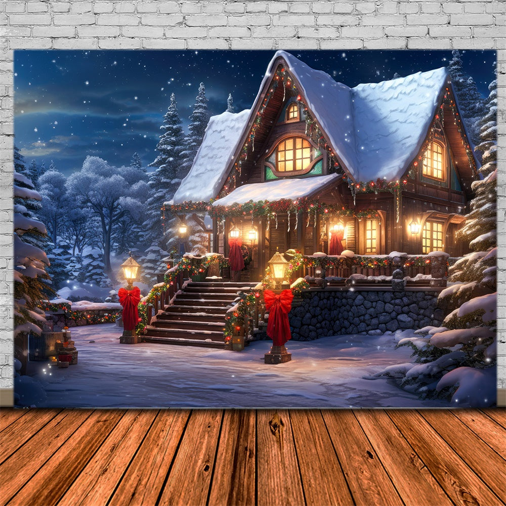 Toile de fond de Maison avec Lumières et Forêt Neigeuse de Noël RR7-813