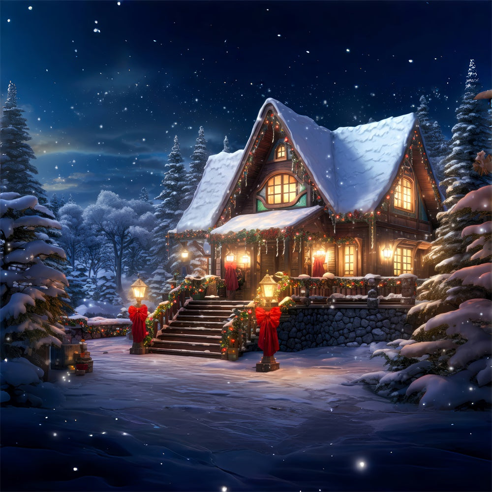 Toile de fond de Maison avec Lumières et Forêt Neigeuse de Noël RR7-813