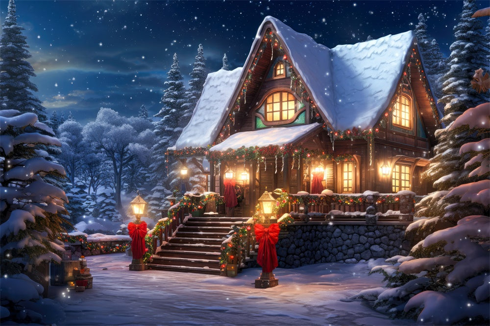 Toile de fond de Maison avec Lumières et Forêt Neigeuse de Noël RR7-813