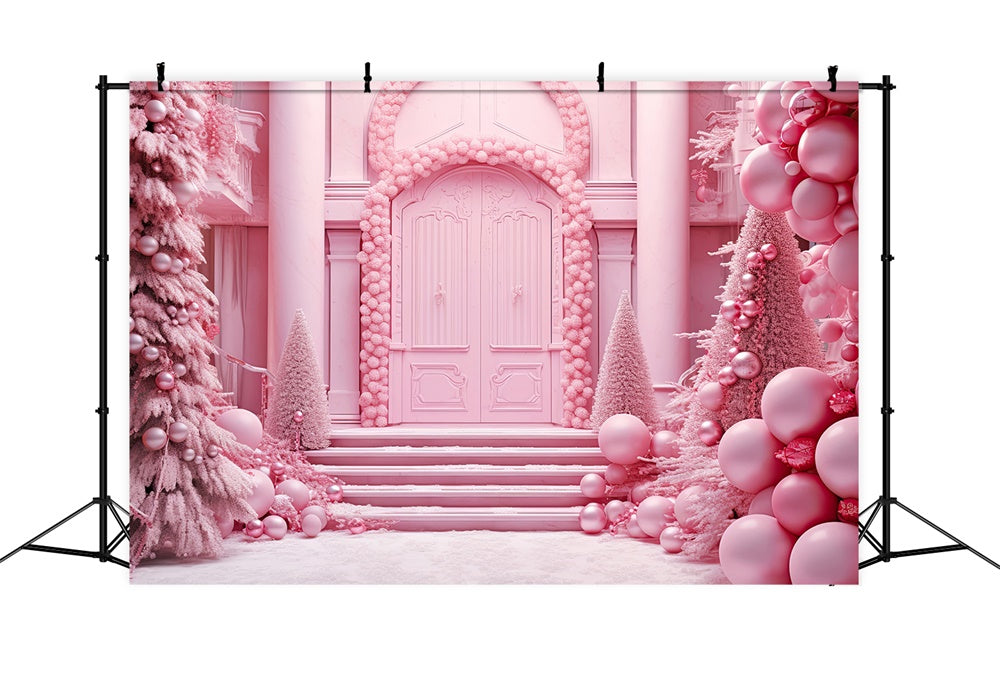 Toile de fond de Maison avec Porte et Arbre de Noël Rose RR7-814