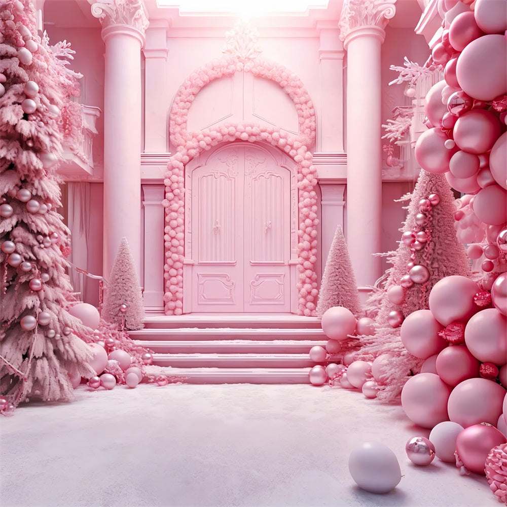 Toile de fond de Maison avec Porte et Arbre de Noël Rose RR7-814