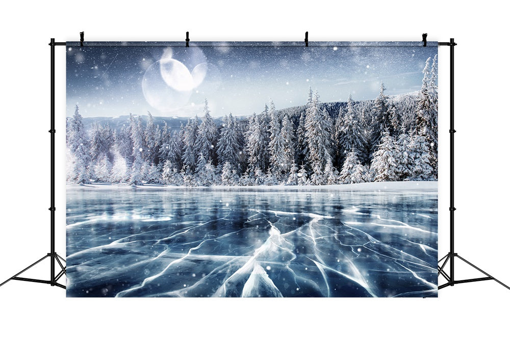 Toile de fond de Lac Gelé avec Arbre de Noël Neigeux RR7-815