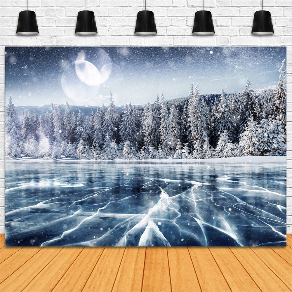 Toile de fond de Lac Gelé avec Arbre de Noël Neigeux RR7-815