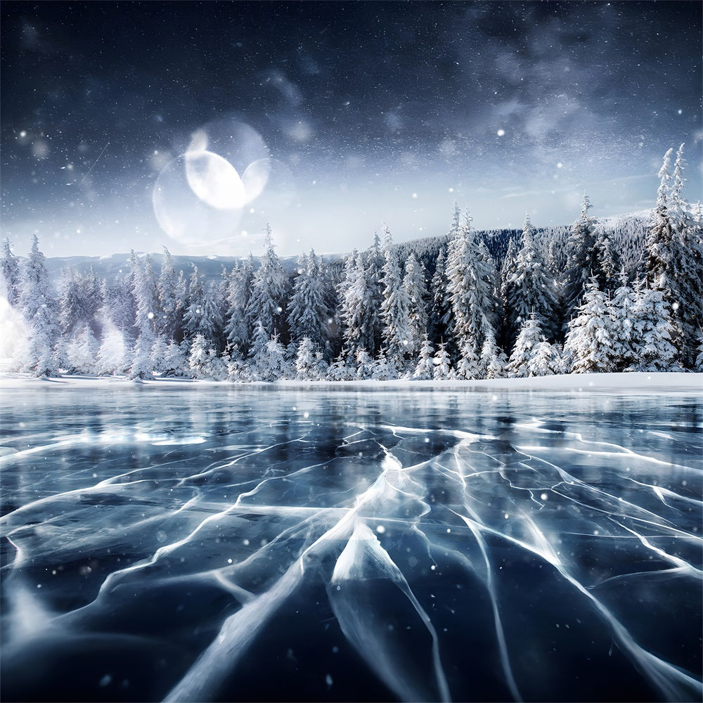 Toile de fond de Lac Gelé avec Arbre de Noël Neigeux RR7-815