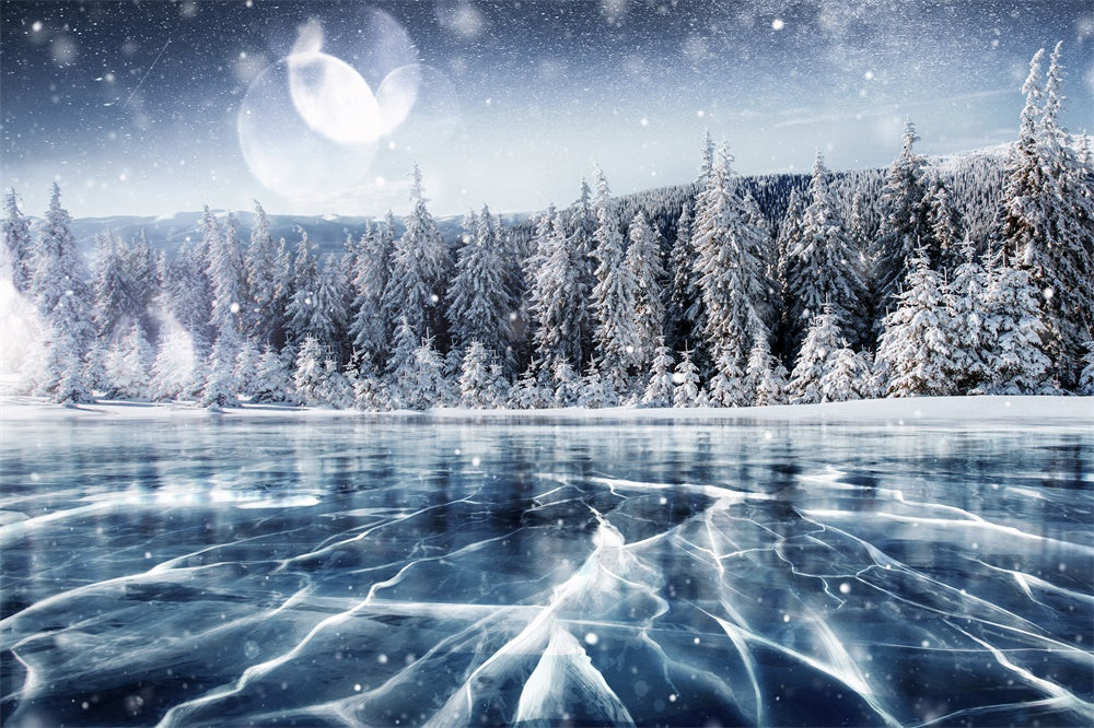 Toile de fond de Lac Gelé avec Arbre de Noël Neigeux RR7-815