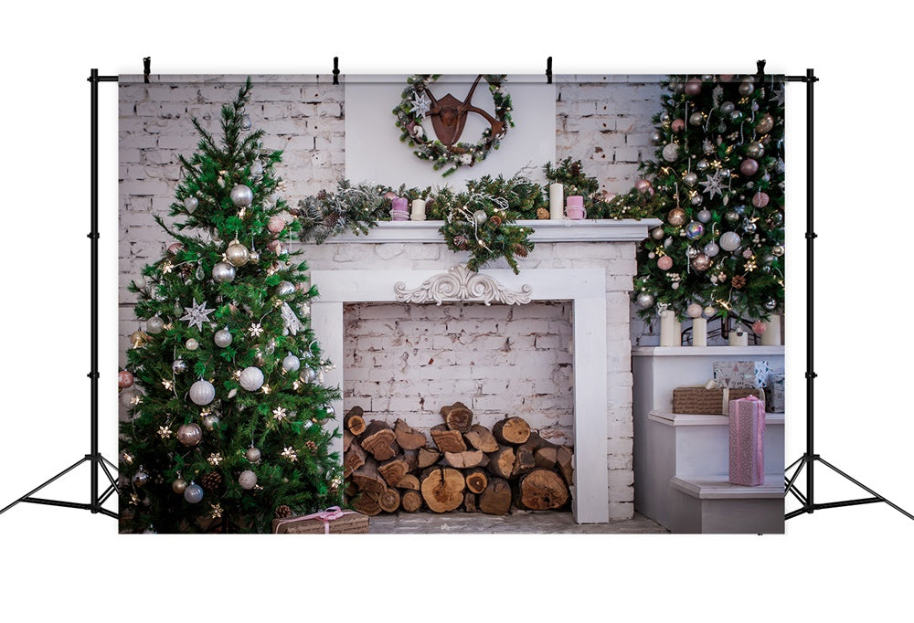Toile de fond de Mur en Brique avec Arbre de Noël et Cheminée RR7-817