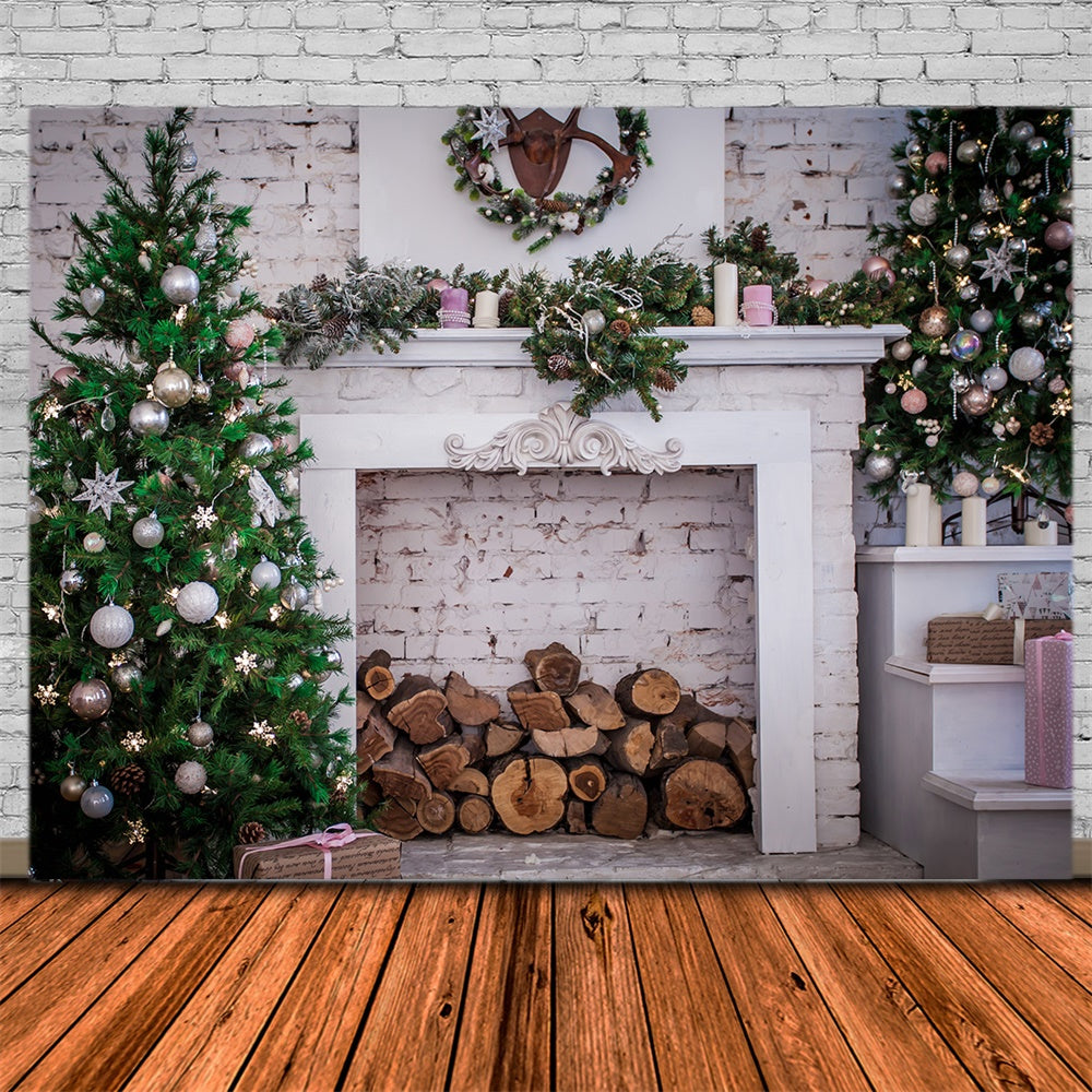 Toile de fond de Mur en Brique avec Arbre de Noël et Cheminée RR7-817