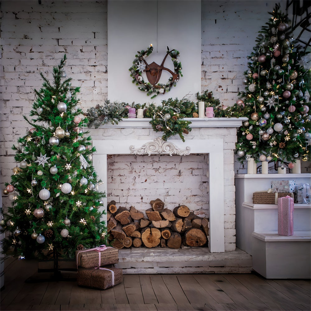 Toile de fond de Mur en Brique avec Arbre de Noël et Cheminée RR7-817