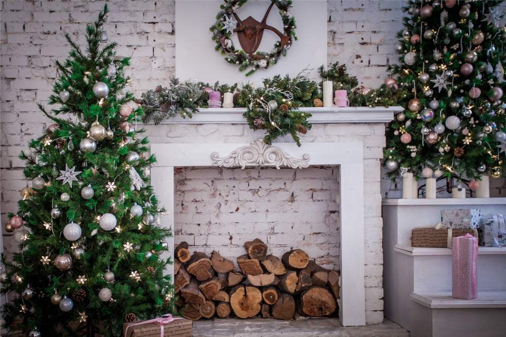 Toile de fond de Mur en Brique avec Arbre de Noël et Cheminée RR7-817