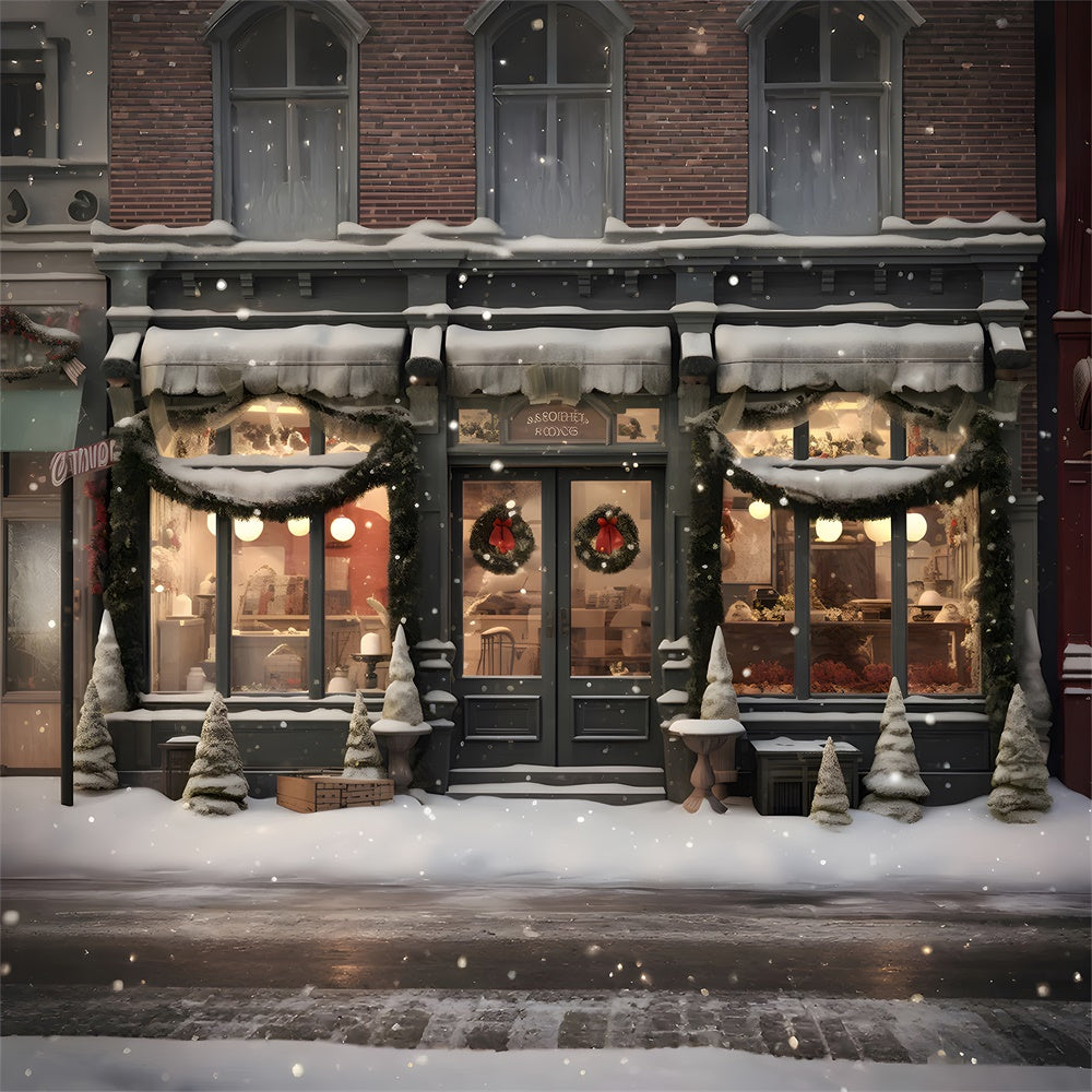 Toile de fond de Rue Hivernale avec Magasin de Noël RR7-818