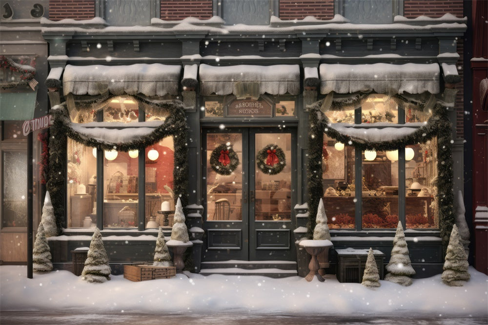 Toile de fond de Rue Hivernale avec Magasin de Noël RR7-818
