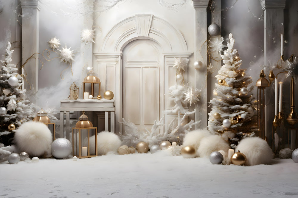 Toile de fond de Porte avec Boules de Noël et Arbre Blanc RR7-821