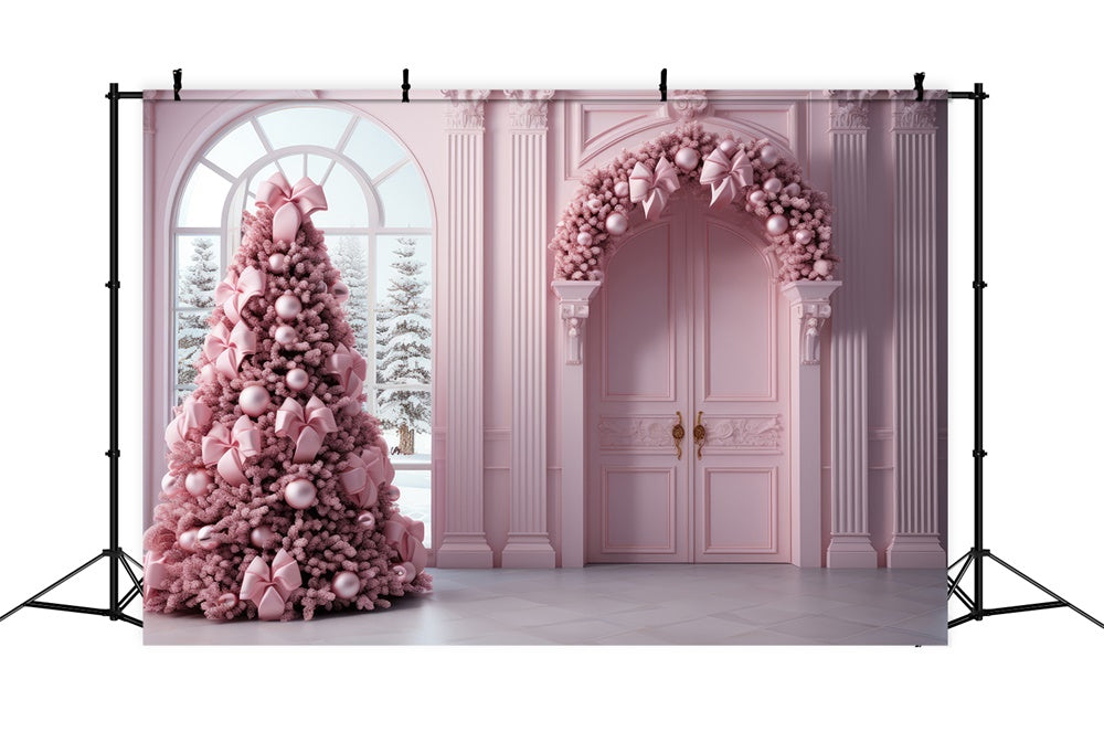 Toile de fond de Porte avec Arbre de Noël Rose et Guirlande RR7-823
