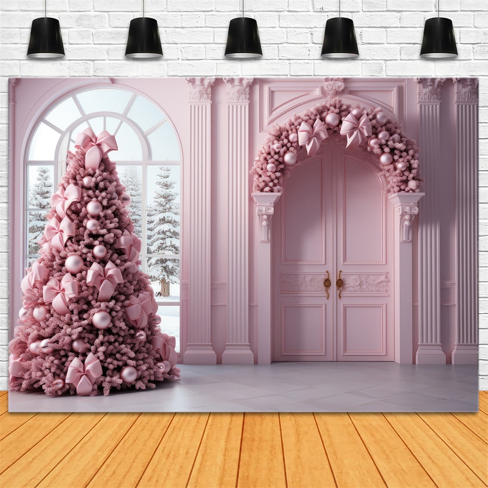 Toile de fond de Porte avec Arbre de Noël Rose et Guirlande RR7-823