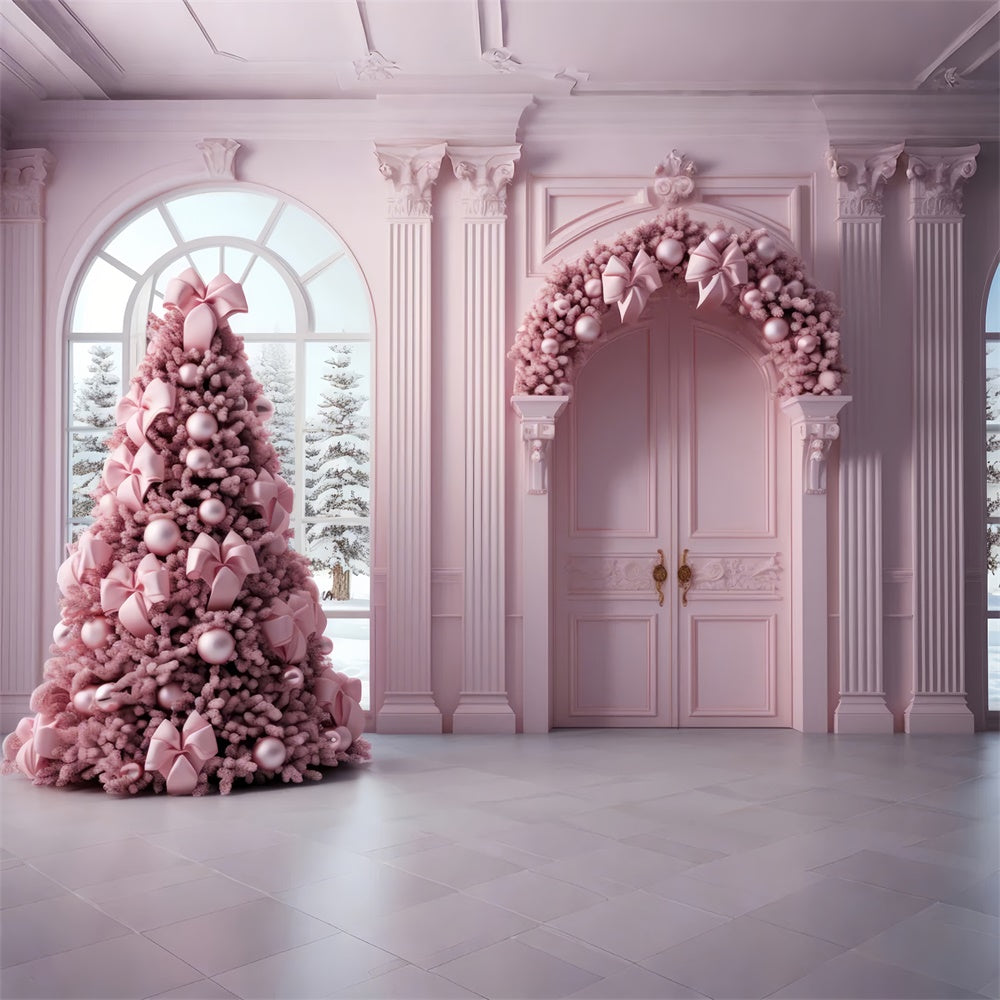 Toile de fond de Porte avec Arbre de Noël Rose et Guirlande RR7-823
