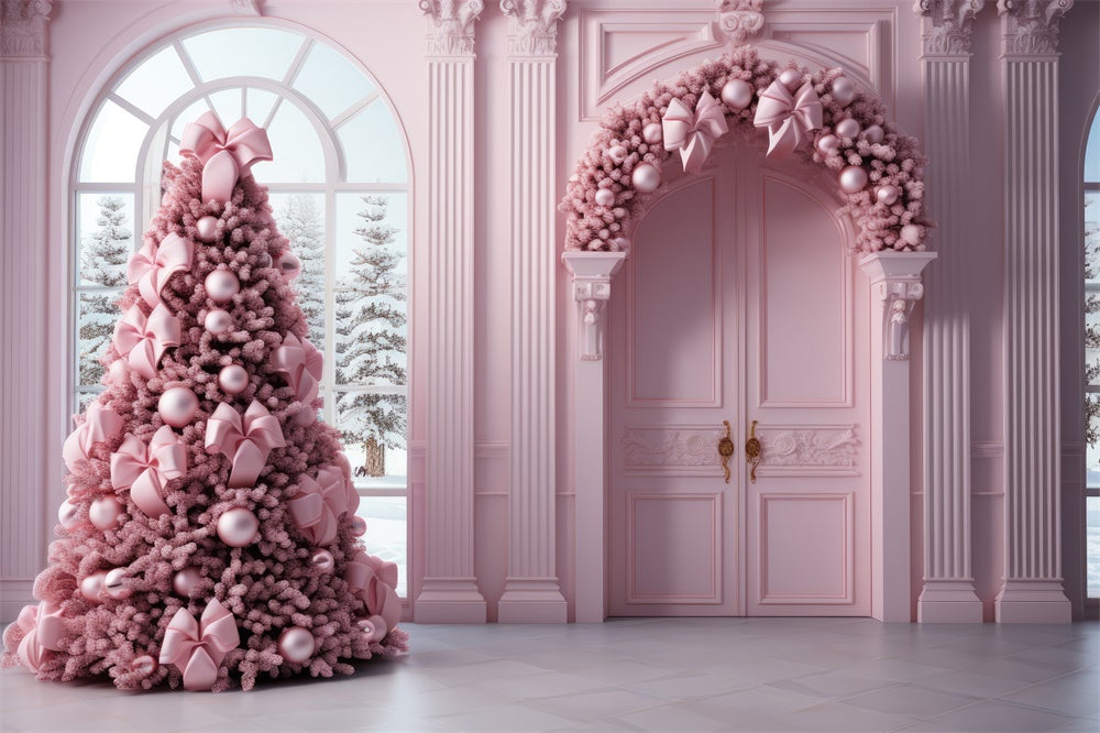 Toile de fond de Porte avec Arbre de Noël Rose et Guirlande RR7-823