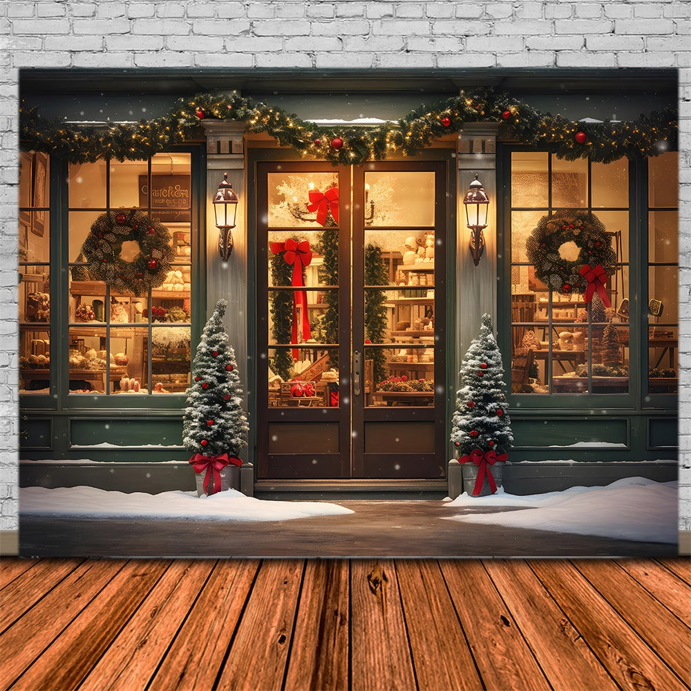 Toile de fond de Magasin avec Arbre de Noël et Guirlande Neigeuse RR7-825