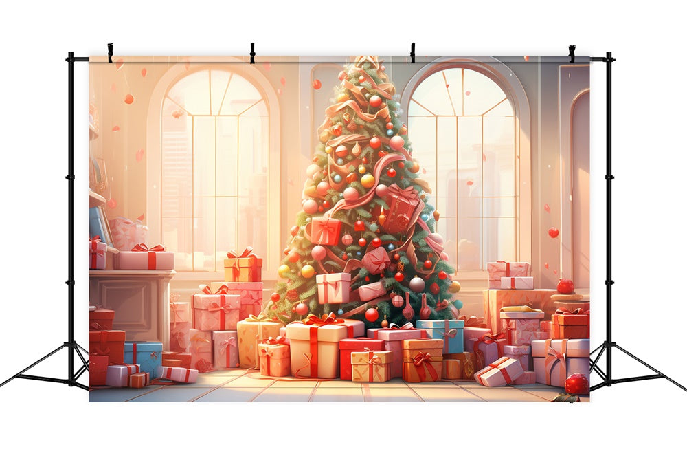 Toile de fond de Fenêtre avec Boîtes de Cadeaux et Arbre de Noël RR7-828
