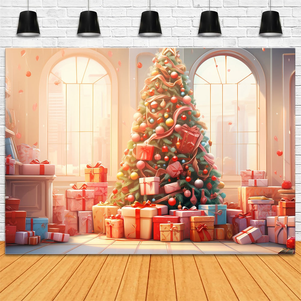 Toile de fond de Fenêtre avec Boîtes de Cadeaux et Arbre de Noël RR7-828