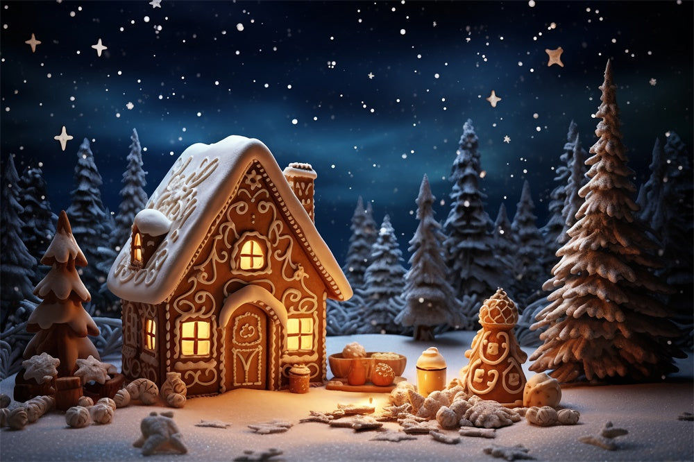 Toile de fond de Maison en Pain d'Épice avec Forêt de Noël RR7-831