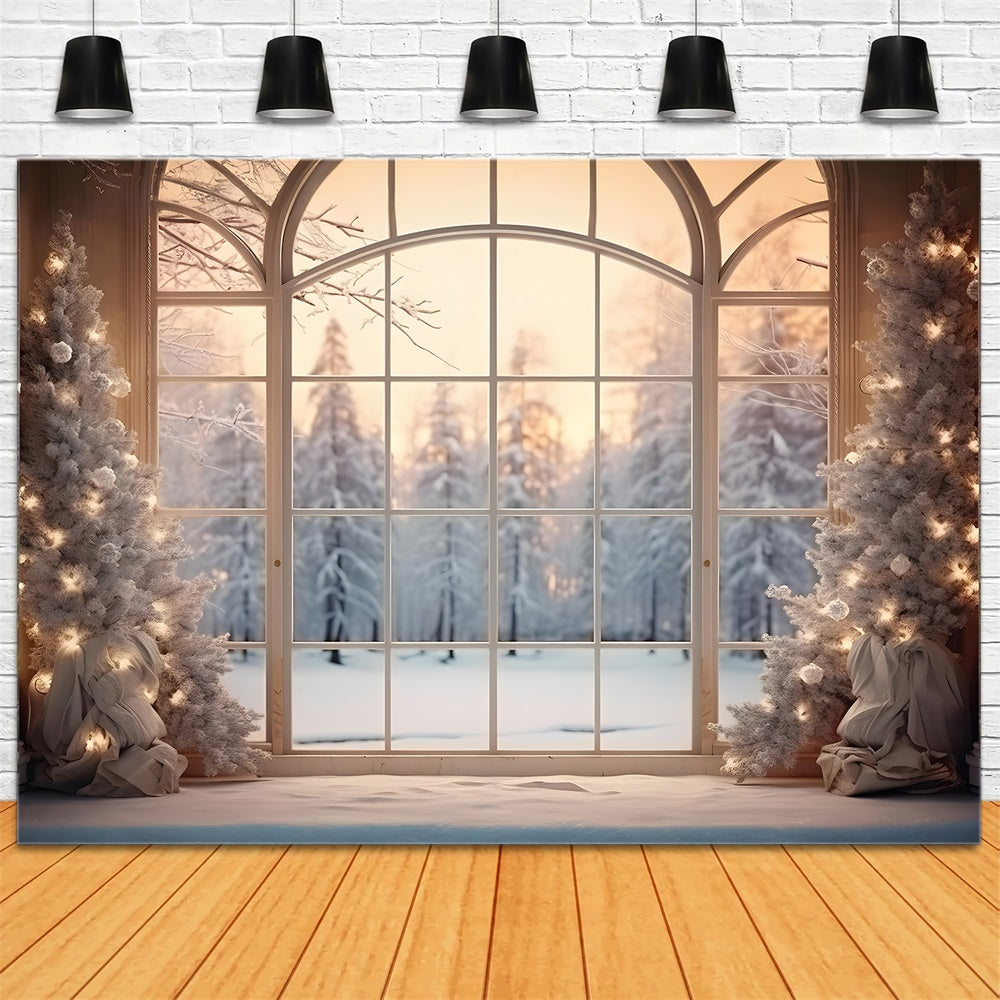 Toile de fond de Fenêtre avec Forêt Neigeuse et Arbre de Noël RR7-833