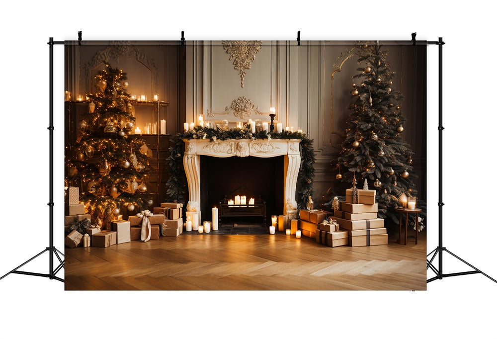 Toile de fond de Cheminée avec Bougies et Arbre de Noël RR7-836