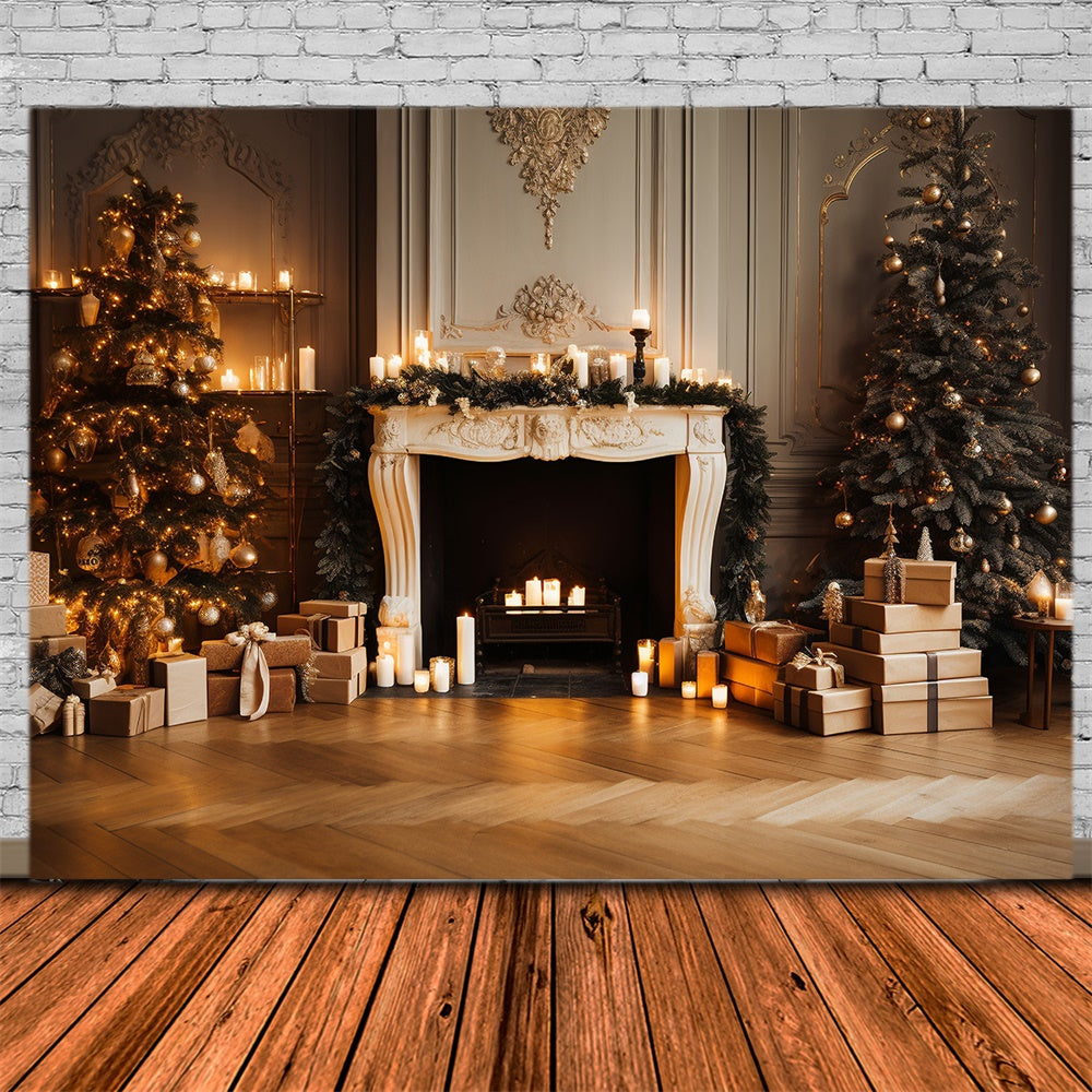 Toile de fond de Cheminée avec Bougies et Arbre de Noël RR7-836