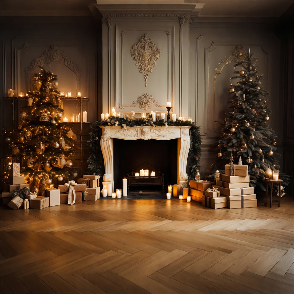 Toile de fond de Cheminée avec Bougies et Arbre de Noël RR7-836