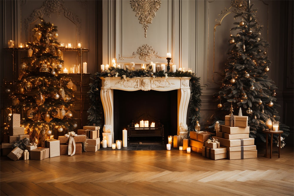 Toile de fond de Cheminée avec Bougies et Arbre de Noël RR7-836