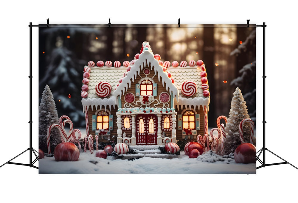 Toile de fond de Maison en Bonbons avec Arbres de Noël RR7-838