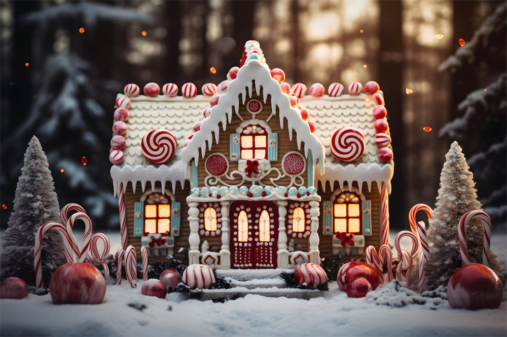 Toile de fond de Maison en Bonbons avec Arbres de Noël RR7-838