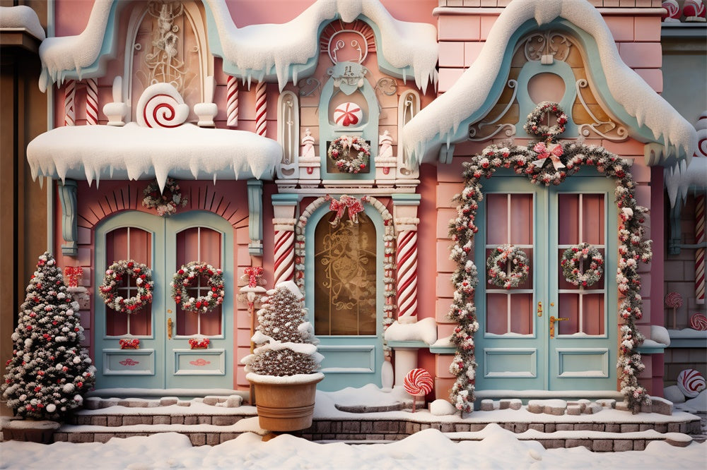 Toile de fond de Maisons en Bonbons avec Arbres de Noël RR7-840