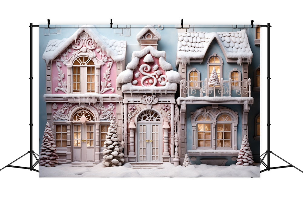 Toile de fond de Maison en Bonbons avec Arbre de Noël Neigeux RR7-844