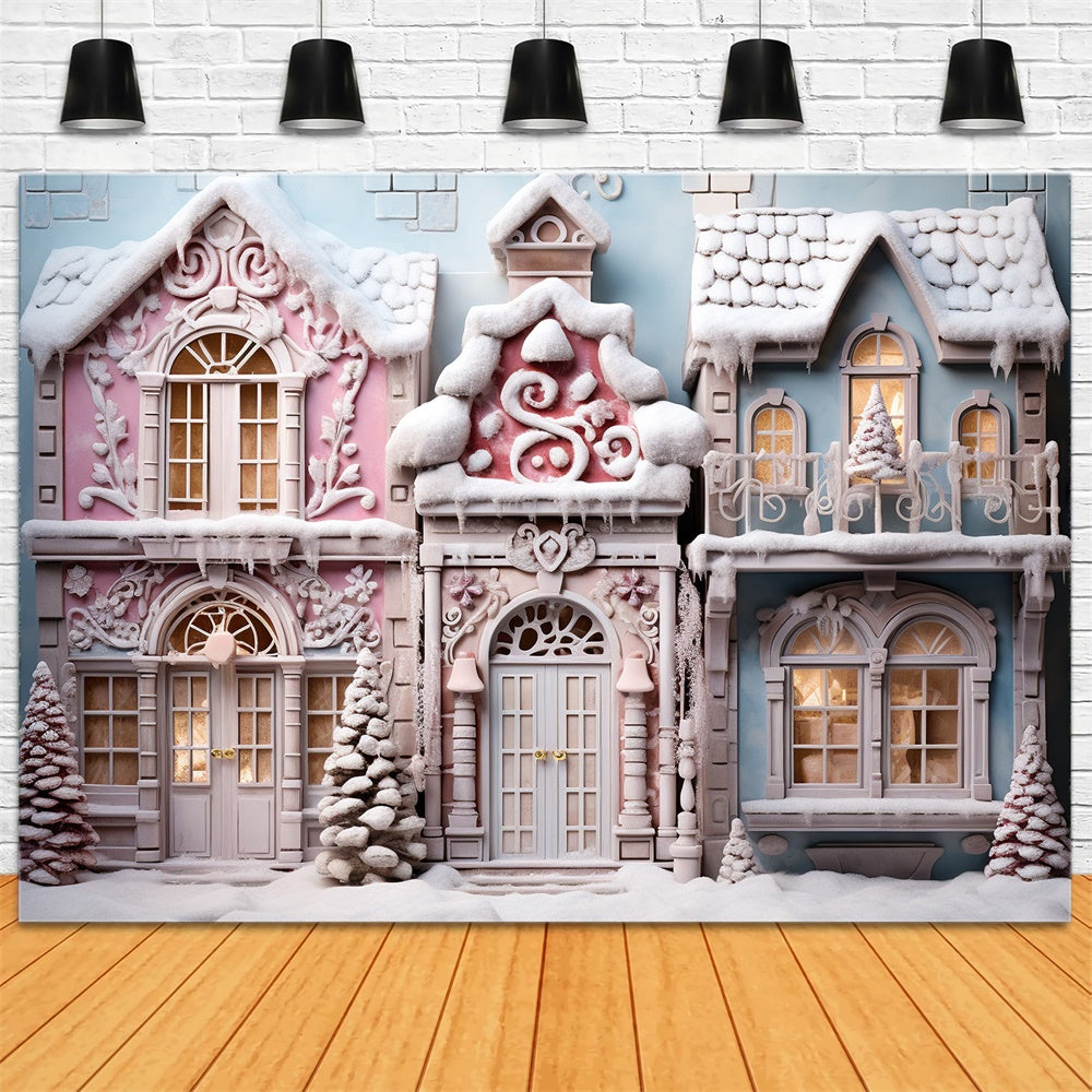 Toile de fond de Maison en Bonbons avec Arbre de Noël Neigeux RR7-844