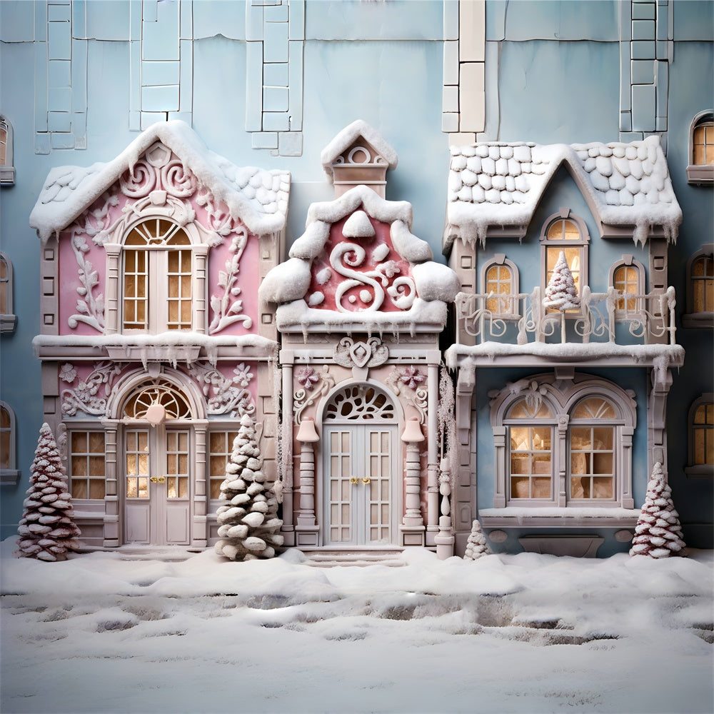 Toile de fond de Maison en Bonbons avec Arbre de Noël Neigeux RR7-844