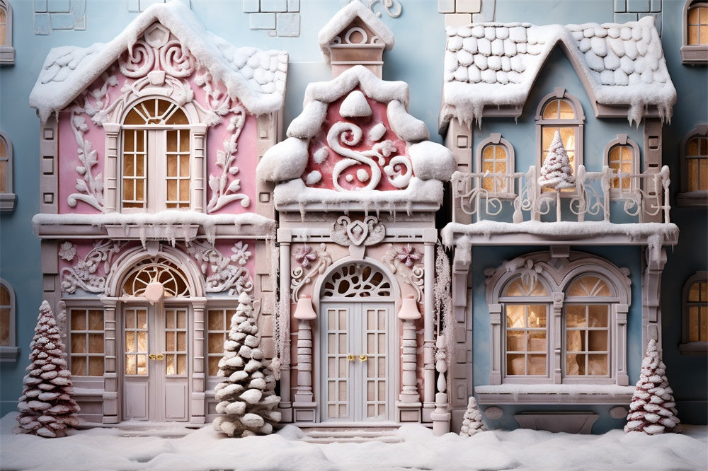 Toile de fond de Maison en Bonbons avec Arbre de Noël Neigeux RR7-844