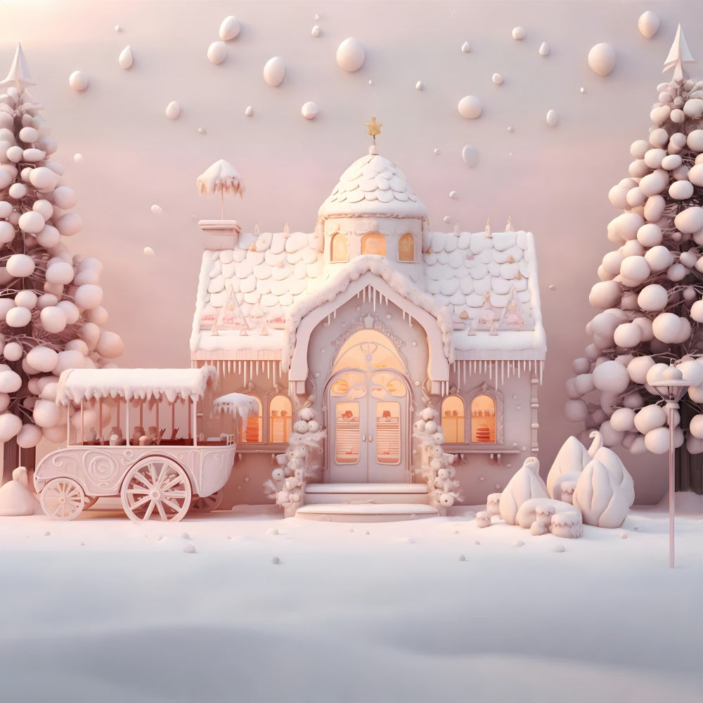 Toile de fond de Maison en Bonbons avec Arbre de Noël Rose RR7-846