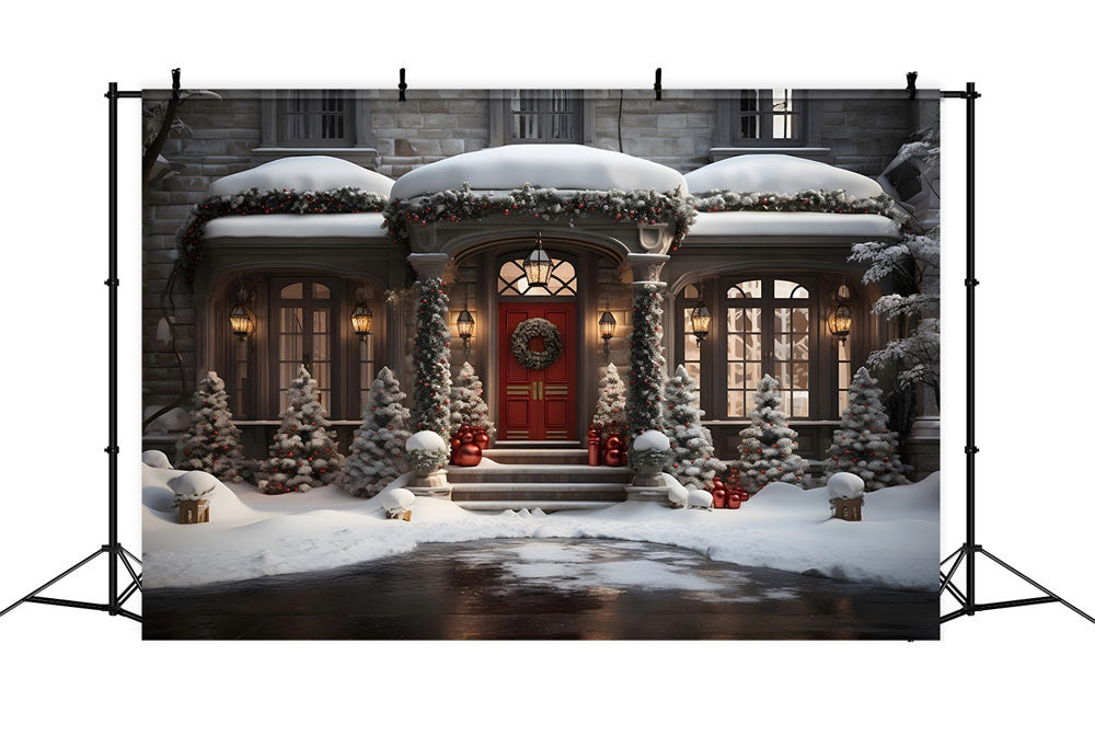 Toile de fond de Maisons Neigeuses avec Arbres de Noël RR7-847