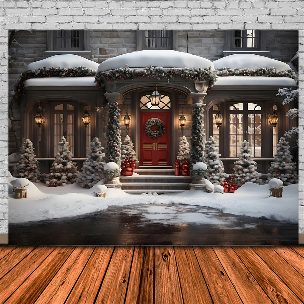 Toile de fond de Maisons Neigeuses avec Arbres de Noël RR7-847