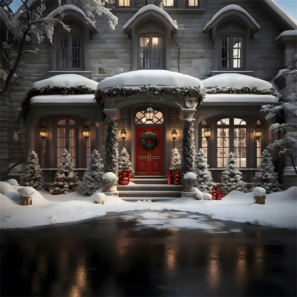 Toile de fond de Maisons Neigeuses avec Arbres de Noël RR7-847