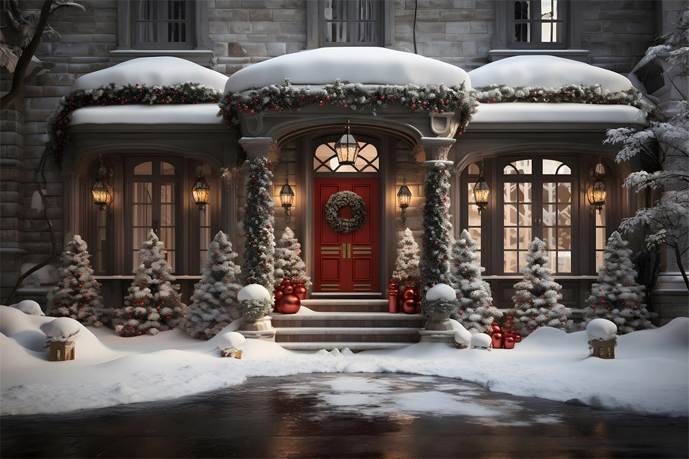 Toile de fond de Maisons Neigeuses avec Arbres de Noël RR7-847