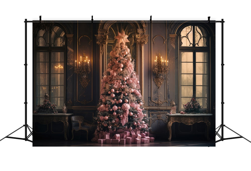 Toile de fond de Fenêtre avec Mur et Arbre de Noël Rose RR7-849