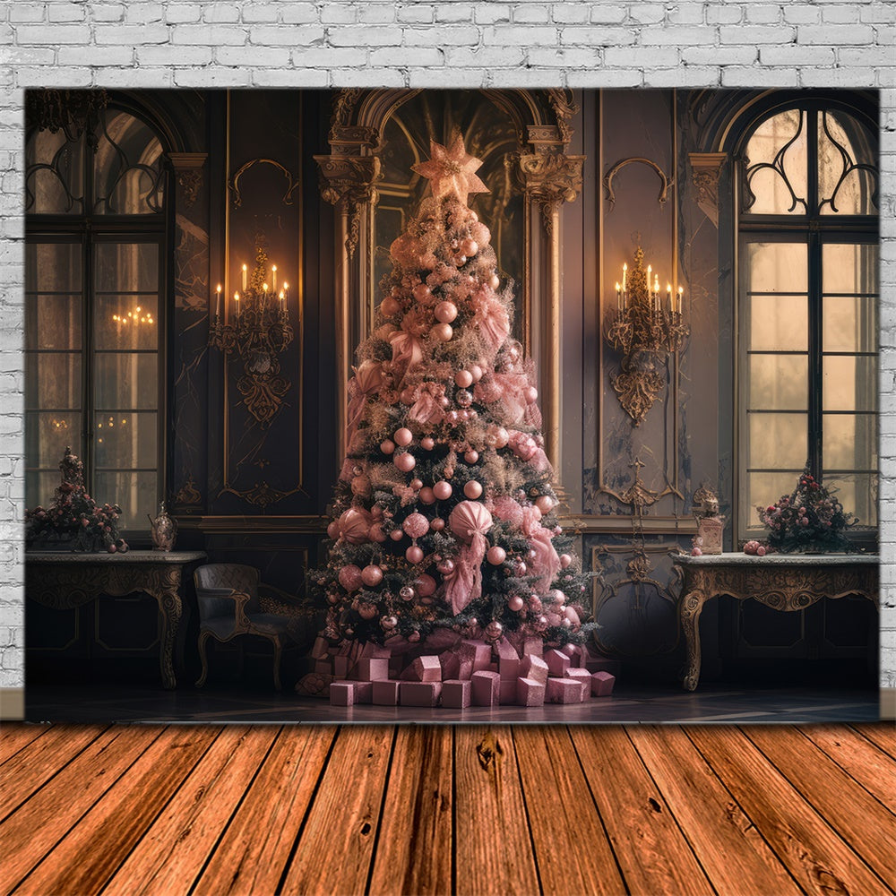 Toile de fond de Fenêtre avec Mur et Arbre de Noël Rose RR7-849