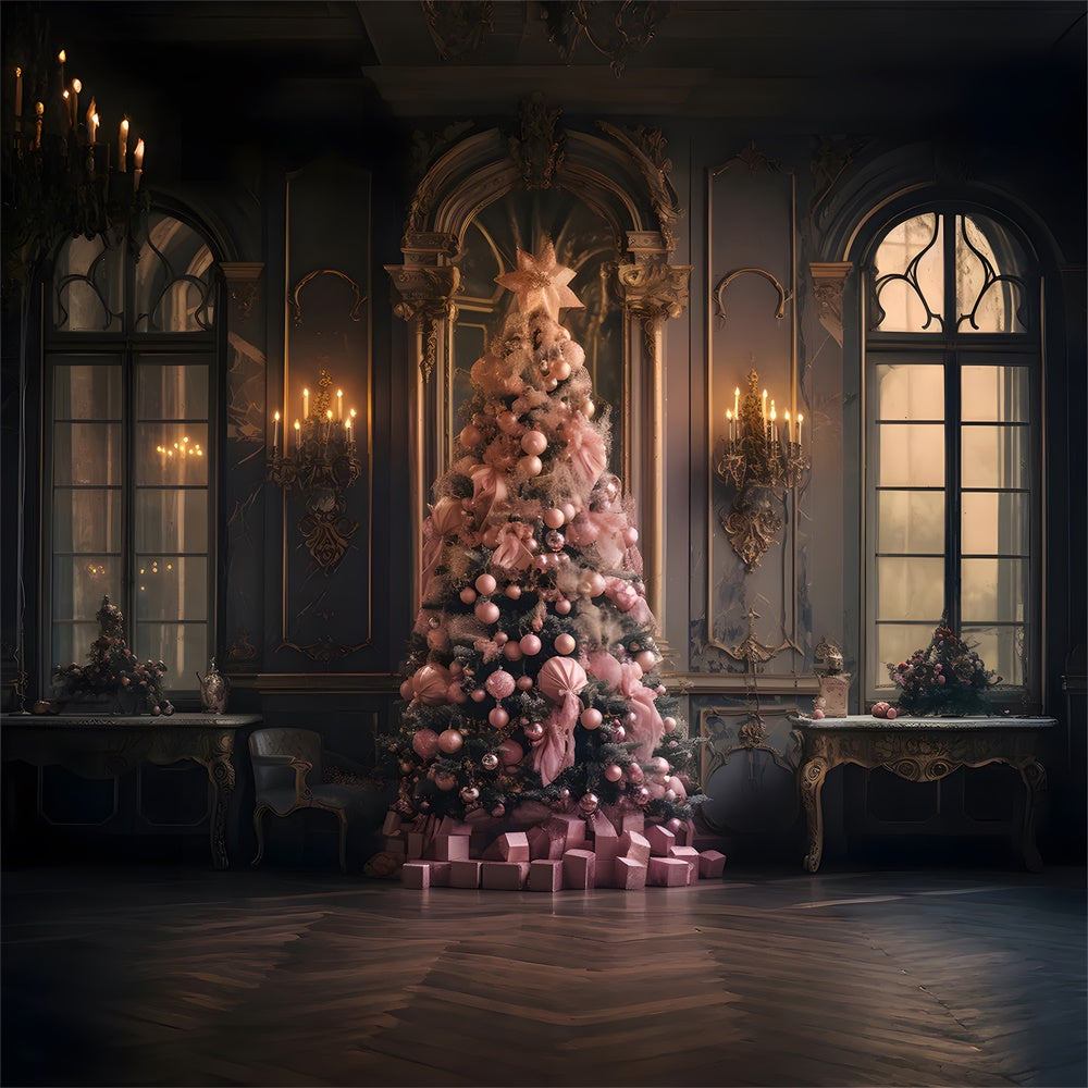 Toile de fond de Fenêtre avec Mur et Arbre de Noël Rose RR7-849