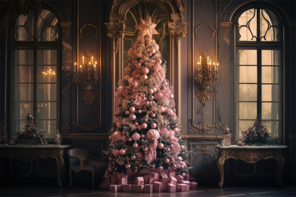Toile de fond de Fenêtre avec Mur et Arbre de Noël Rose RR7-849